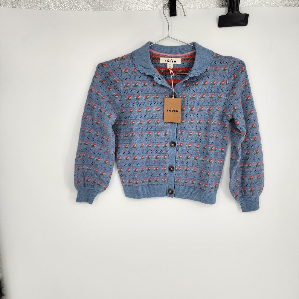 Mini Boden 6-7 YR Glacier Blue Marl Flowers Collared Cardigan NWT